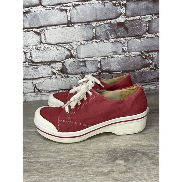 Dansko Vegan Red Fabric Canvas Lace Up Slip Workwear Clogs Women Sz 37EU/6.5M US - Picture 1 of 16